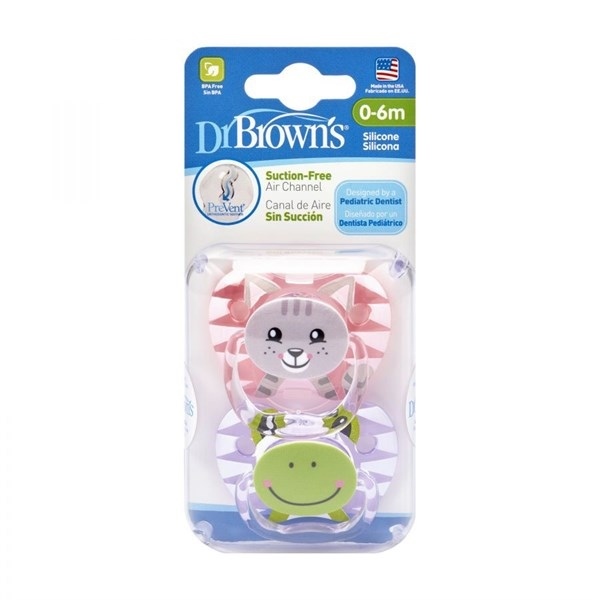 Bộ 2 ty ngậm Dr Brown's in hình con mèo và con ếch dành cho bé gái 0-6m