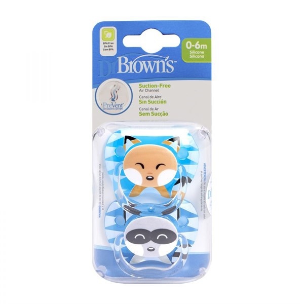 DR.BROWN'S Bộ 2 ty ngậm in hình con gấu mèo và con cáo, dành cho bé trai 0-6m