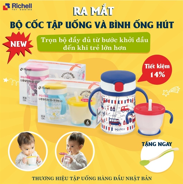 Bộ cốc tập uống và bình ống hút Richell (Vàng)