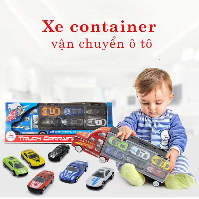 Đồ chơi xe container vận chuyển xe ô tô 6 chiếc ( mẫu trượt+ mẫu phóng)