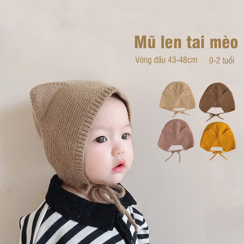 Mũ len tai mèo có dây buộc 0-2 tuổi