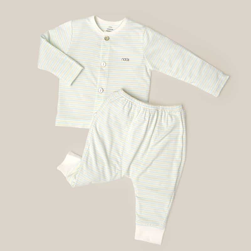 NOUS Bộ cài thẳng dài kẻ xanh trắng vàng NB