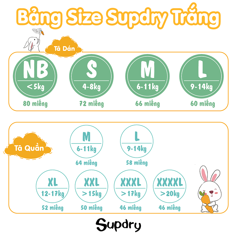 Hướng dẫn chọn size bỉm Supdry trắng cho bé: